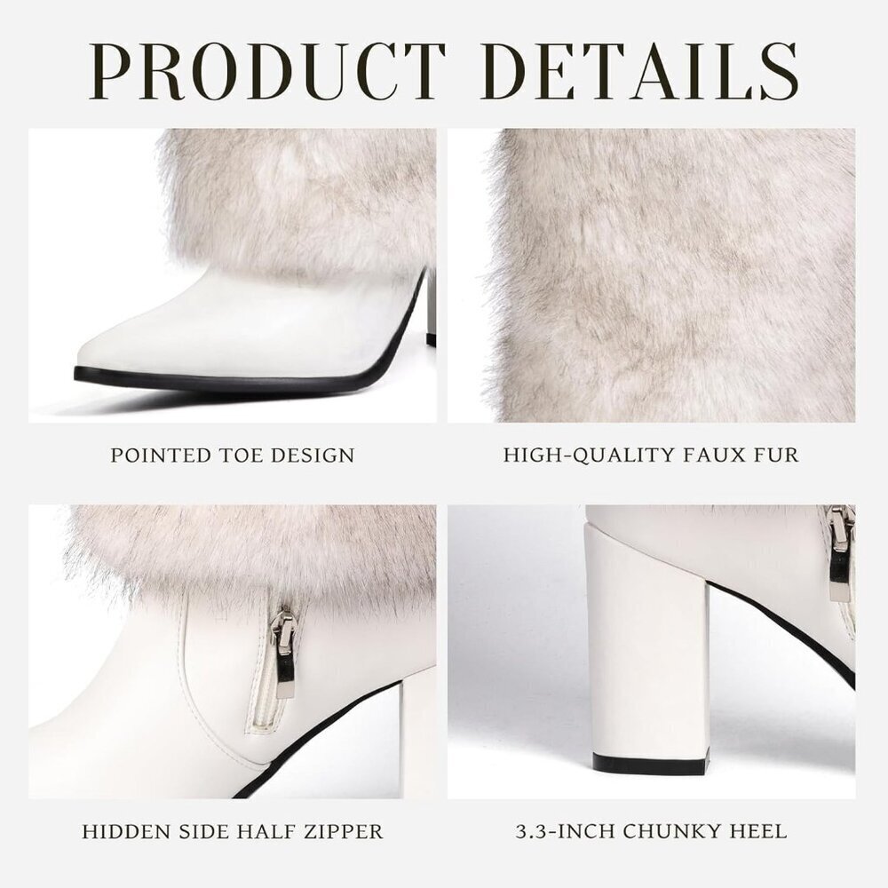 Womens 3.3 Inch White Chunky Mid Calf Fur Heel Fuzzy Pointed Toe Boots - Picture 4 of 6